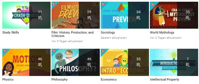 Ausschnitt der vers. Playlists des crashcourse - Kanals