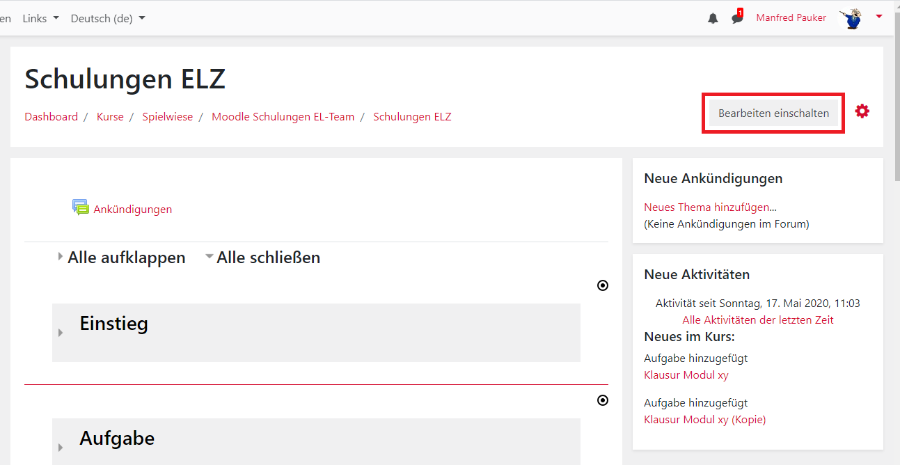 BBB-Moodle Bearbeiten einschalten BBB-Moodle Bearbeiten einschalten