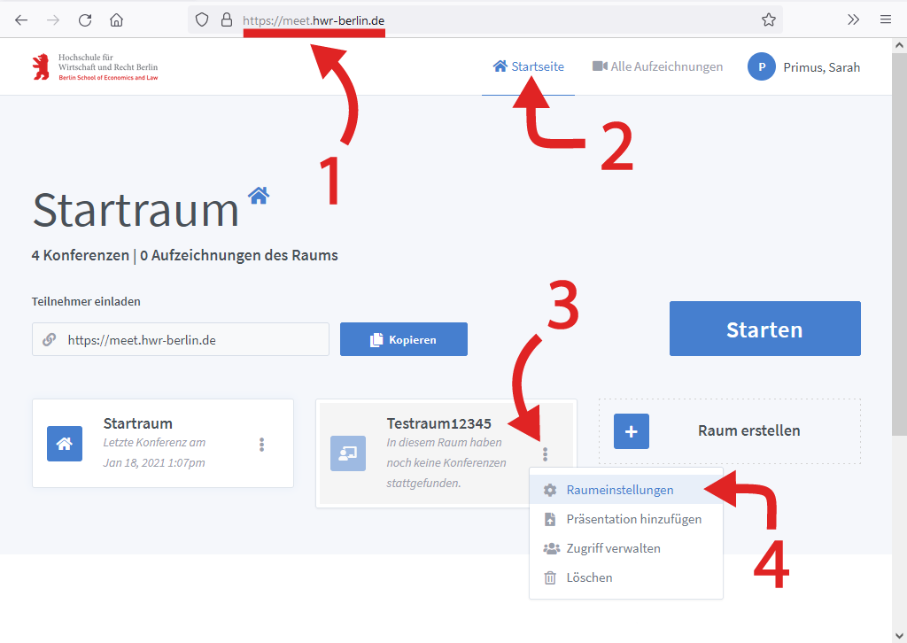 BBB Raumeinstellungen aufrufen Raumeinstellungen aufrufen