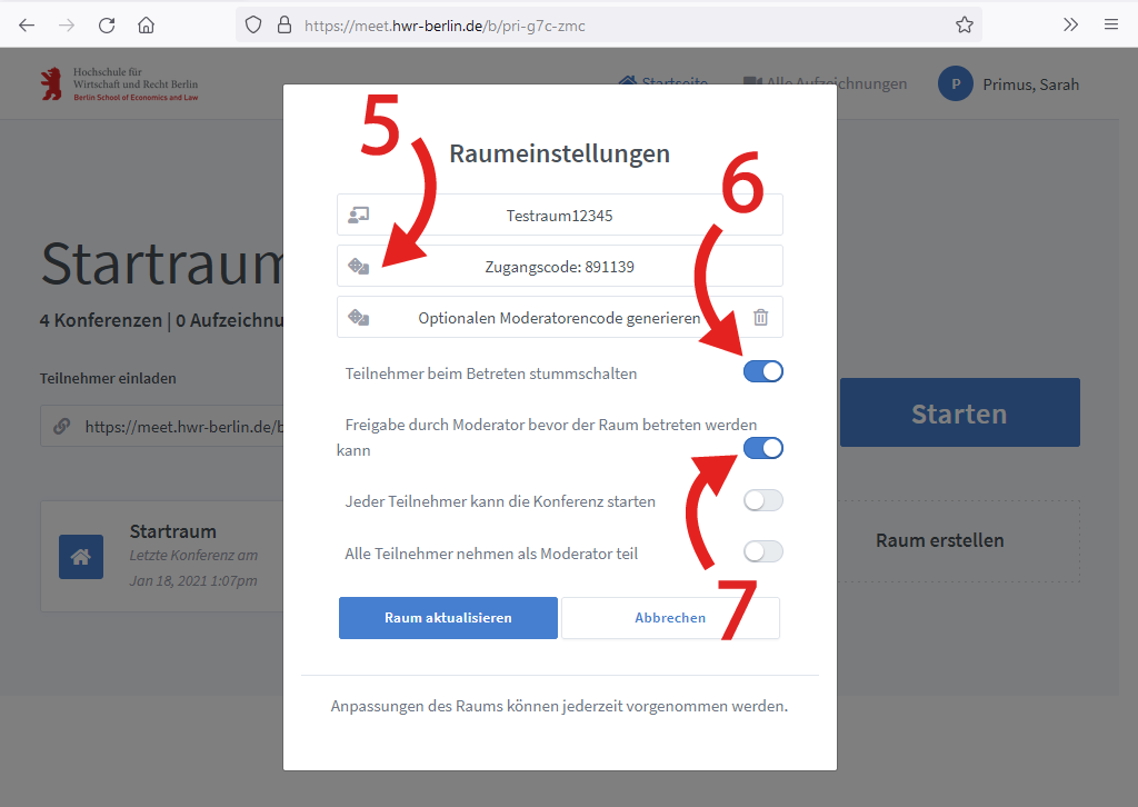 BBB Raumeinstellungen vornehmen Raumeinstellungen vornehmen