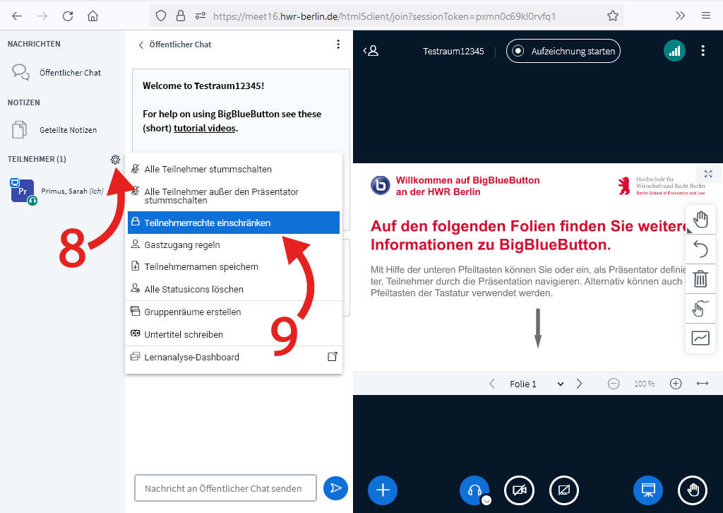 BBB Teilnehmerrechte einschränken Teilnehmerrechte einschränken aufrufen