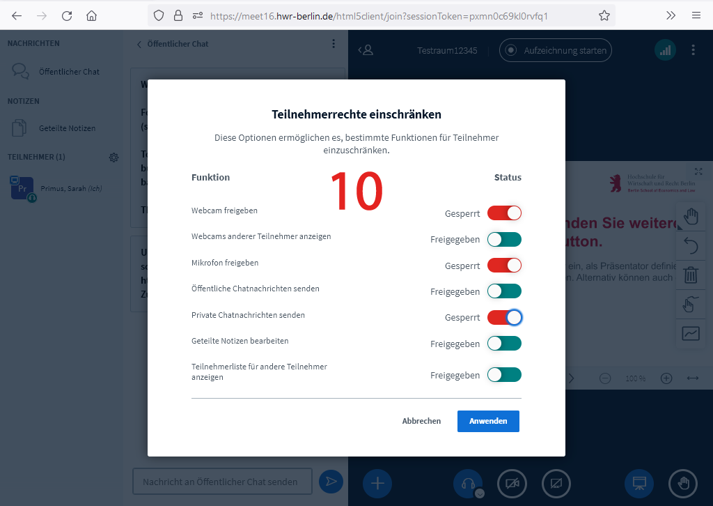 BBB Teilnehmerrechte einstellen Teilnehmerrechte einstellen