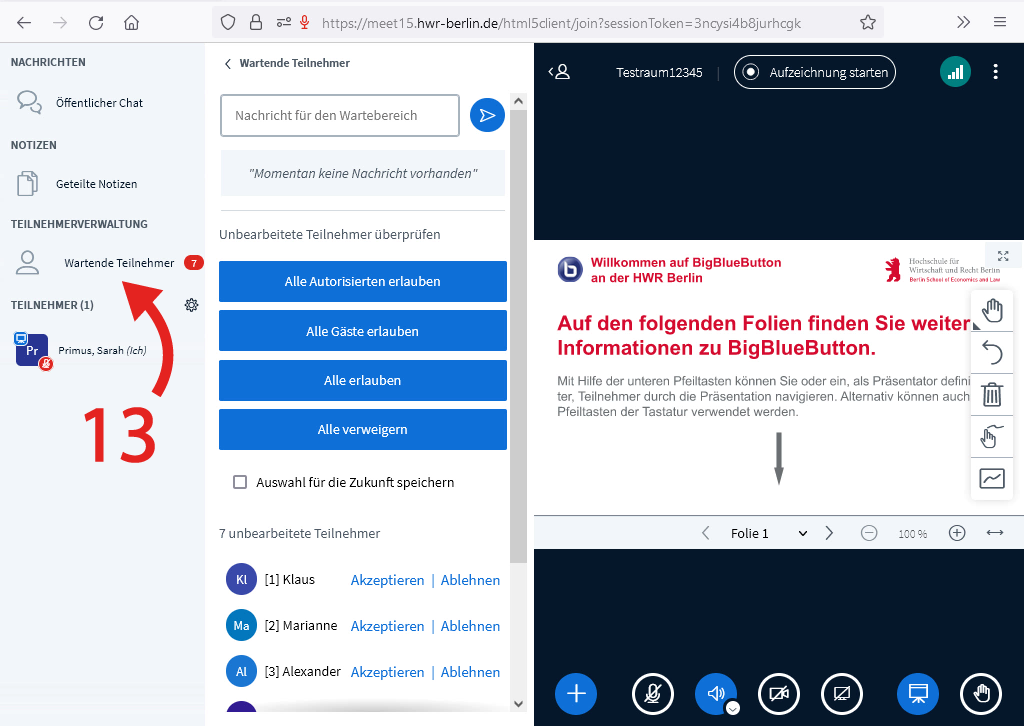 BBB Teilnehmerverwaltung Wartende Teilnehmende verwalten
