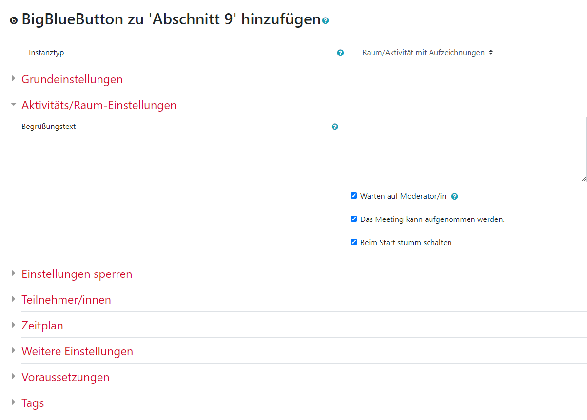 BBB Moodle Aktivitäts/Raum-Einstellungen BBB Moodle Aktivitäts/Raum-Einstellungen