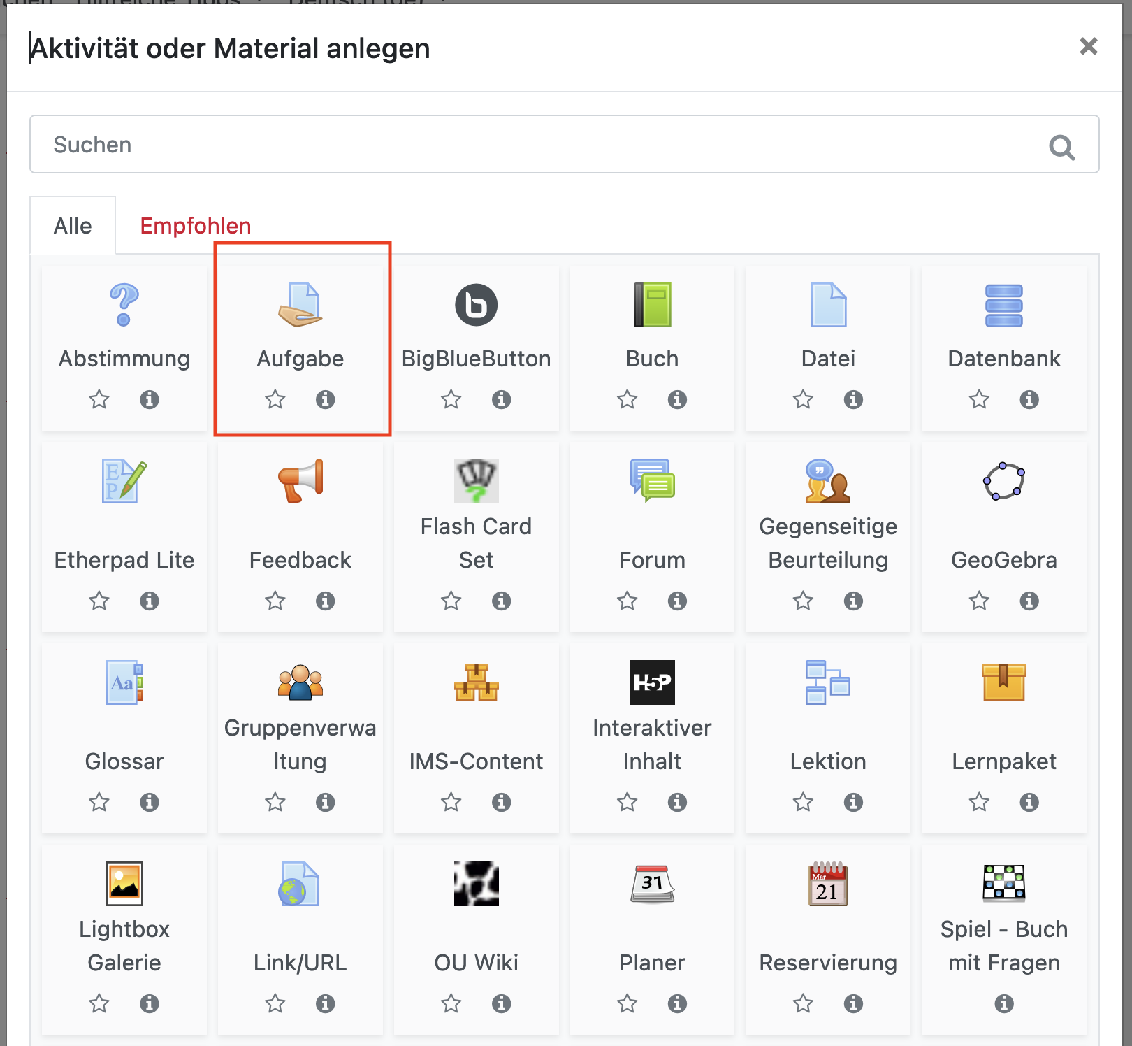 Material oder Aktivitaet anlegen
