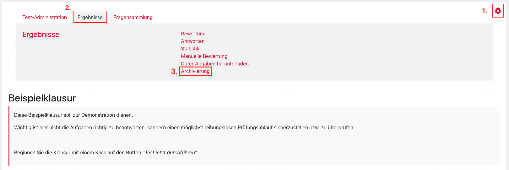 Test_Archivierung Screenshot des Menüpunktes Archivierung in einem Moodle-Test