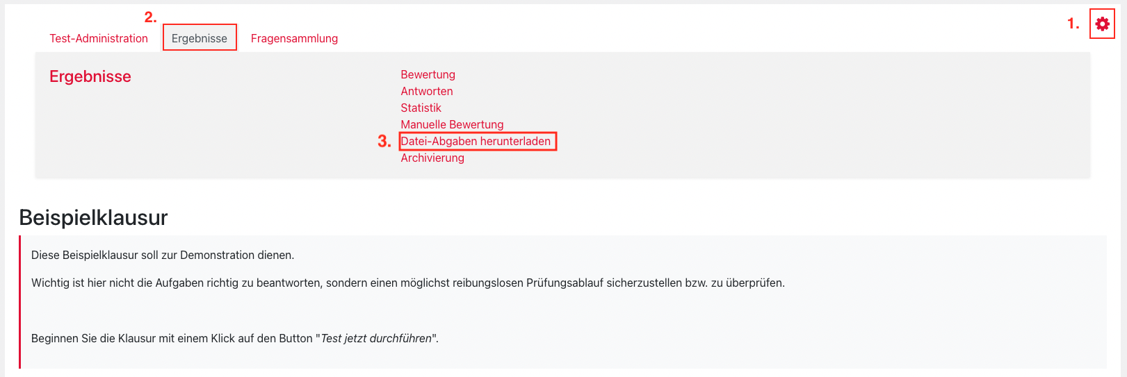 Test_Date-AbgabenHerunterladen Screenshot des Menüpunktes Datei-Abgaben herunterladen in einem Moodle-Test