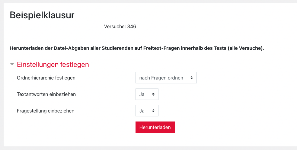 Test_Datei-AbgabenHerunterladen_Einstellungen Screenshot der Einstellungen von Datei-Abgaben herunterladen in einem Moodle-Test