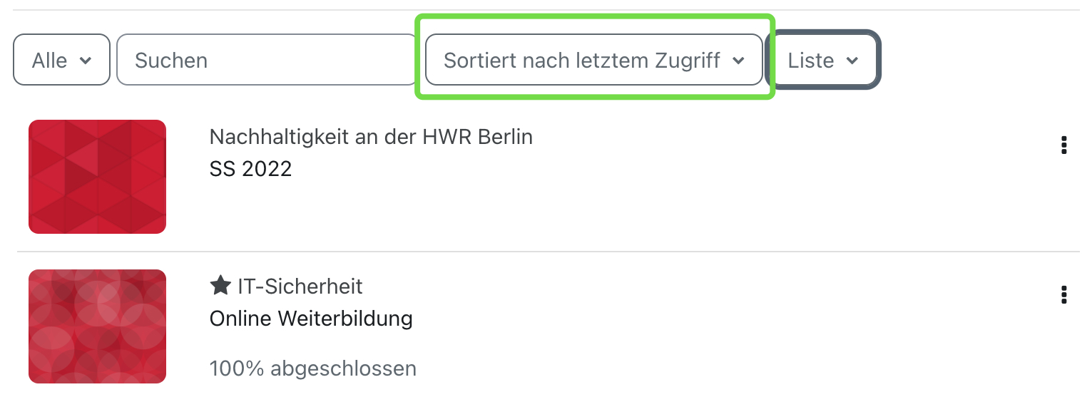 kursblock_letzterZugriff Screenshot zur Sortierung nach letztem Zugriff in der Kursübersicht