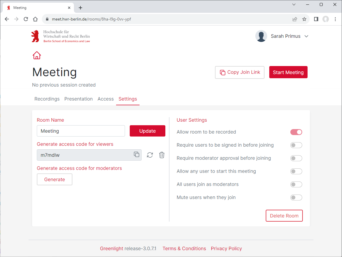 BBB Room settings BBB Room settings