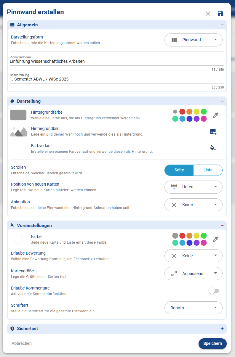 Taskcards - Einstellungen Pinnwand Taskcards - Einstellungen Pinnwand