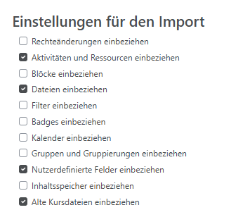 Import in Moodle, Auswahlfelder