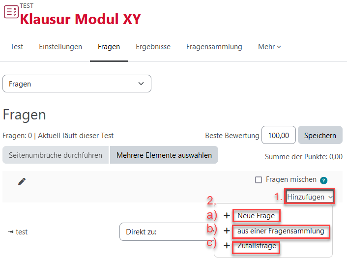 Moodle Test Aufgabe hinzufügen